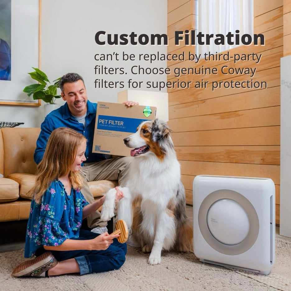 A dog and family next to custom pet filters.