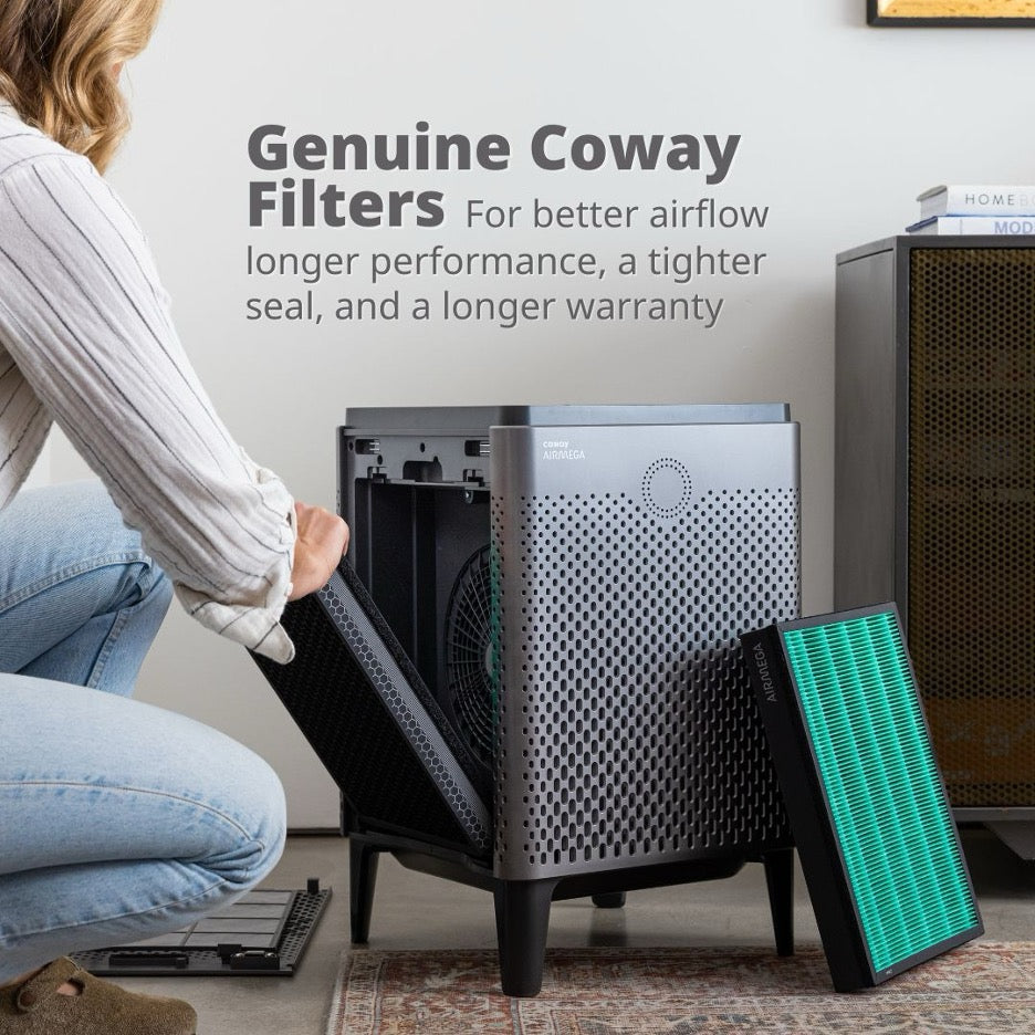 A woman using Coway Genuine Filters.